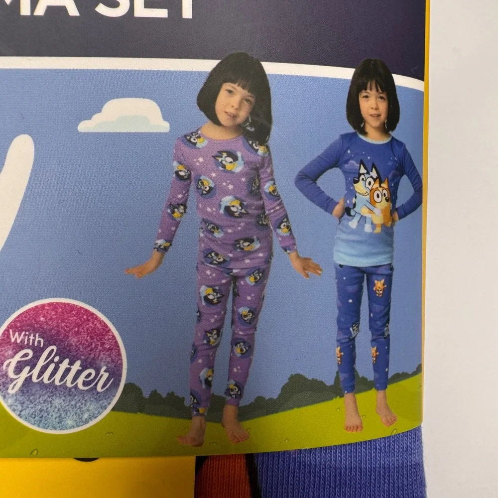 Bluey Bingo Toddler Sz 5, 4Piece Pajama Set 100% Cotton Purple Blue Glitter Gift